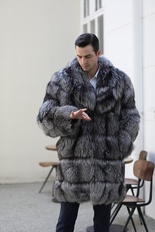 Chaqueta de piel de zorro plateada gruesa de lujo para hombre, chaqueta de talla personalizada de alta calidad