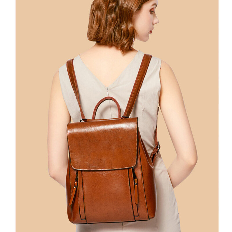 Retro Style Women's Backpacks High Quality Cowhide Leather Girl's Shoulder Bag Fashion Solid Color Handbag Student Schoolbag