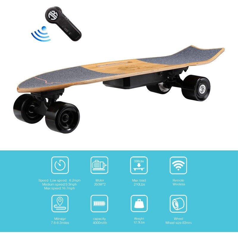 Jking Electric Skateboard Longboard with Remote Control Skateboard,700W Hub-Motor,16.7 MPH Top Speed,8.2 Miles Range
