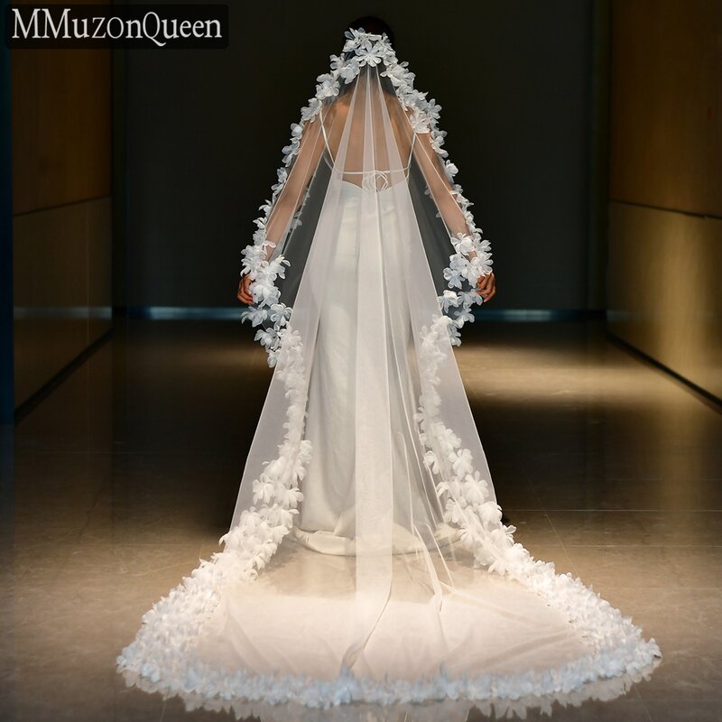 طرحة زفاف طويلة من لؤلؤ MMQ للنساء ، زهور دانتيل ، أبيض فاقٍ ، طبقة واحدة ، طرحة زفاف كاتدرائية ملكية مع مشط ، إكسسوارات زفاف ، M97
