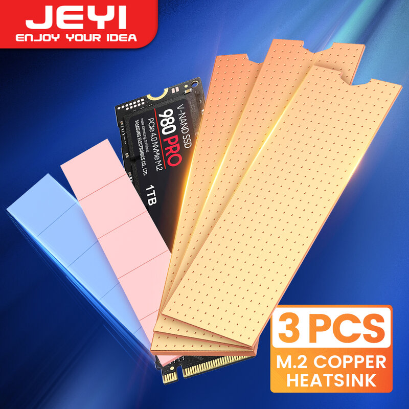 JEYI Copper M.2 HeatSink, 3pcs 2280 SSD Copper Cooler Solid State Disk Radiator with Thermal Silicone Pad for Laptop Desktop