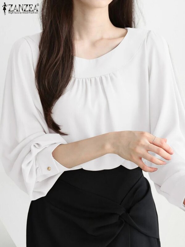 ZANZEA-Blusa informal para mujer, camisa plisada de manga larga con cuello redondo, Color liso, talla grande, 2024