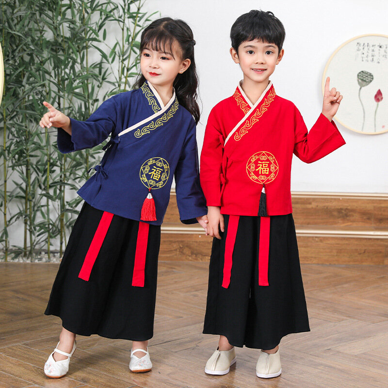 Chiński styl nowy rok kostiumy dzieci Hanfu sukienka chłopcy dziewczęta starożytne kostiumy taniec ludowy występ na scenie strój Tang dzieci