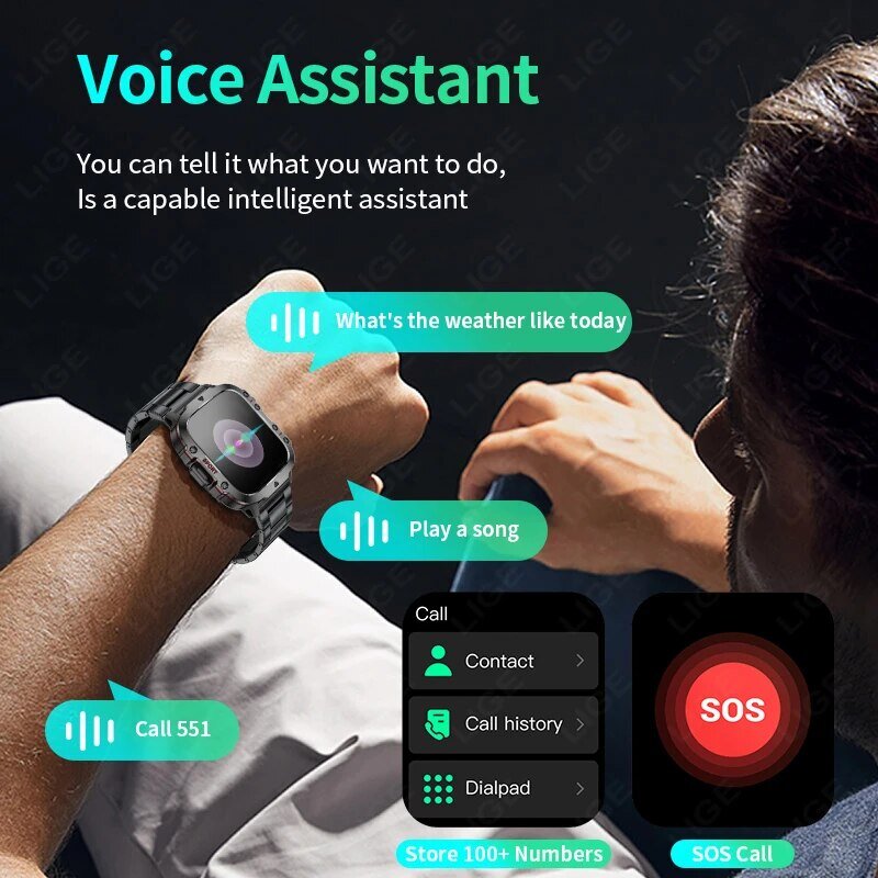LIGE New Smart Watch schermo da 1.96 pollici 420 MAh Bluetooth Call Voice Assistant Watch sport Fitness Smartwatch impermeabile per uomo
