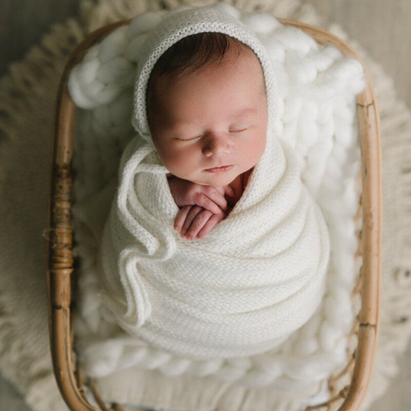 Accessoires de photographie pour nouveau-nés, couverture ronde en laine extensible, emmaillotage, chapeau fait main, accessoires de prise de vue photo