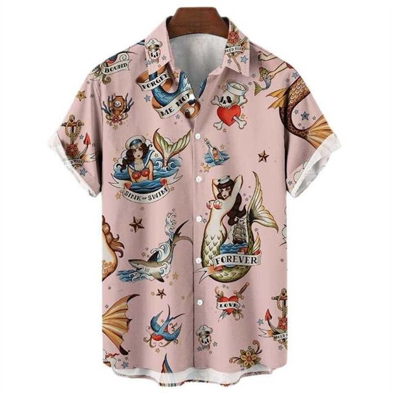 Camisa havaiana retrô masculina com impressão 3D, gráficos sereia, botão casual, manga curta, lapela, streetwear, verão