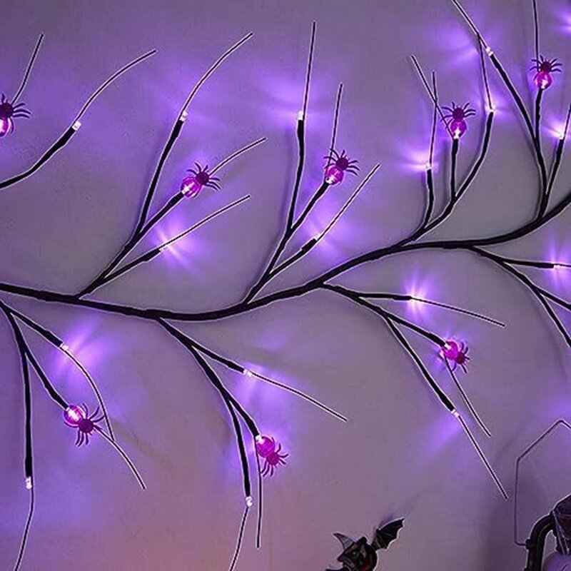 HOT-Halloween Vine String Lights Black Purple Color With Spider Decor Tree For Halloween Indoor Outdoor Decoration