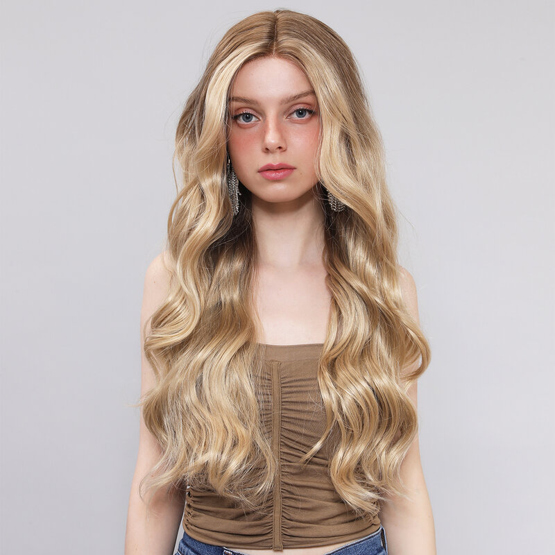 Smilco Blonde Wavy Lace Front Wig For Women Long Hair Synthetic T-Part 13X5X1 Lace Front Curly Wigs Daily Party Heat Resistant