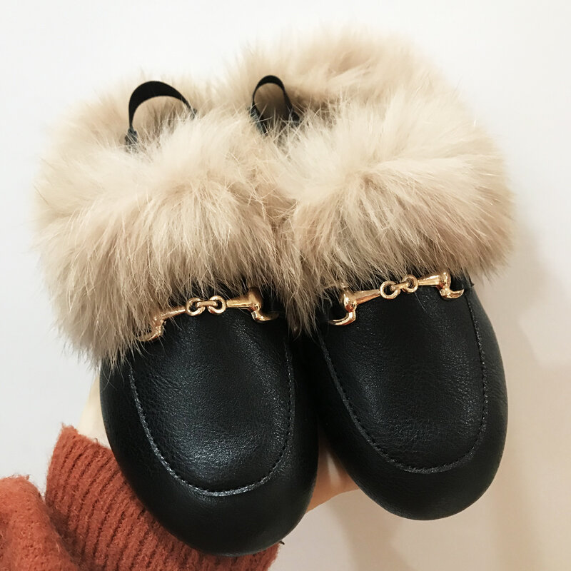 Sepatu Selop Kulit Anak Perempuan, Sepatu Selop Putri Bulu Musim Dingin untuk Anak Perempuan