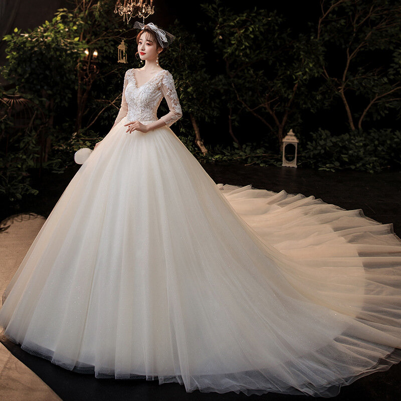 Vestidos de noiva de luxo princesa 2023 mangas compridas sexy com decote em v robe de mariee trem real appliqué catedral vestido de baile