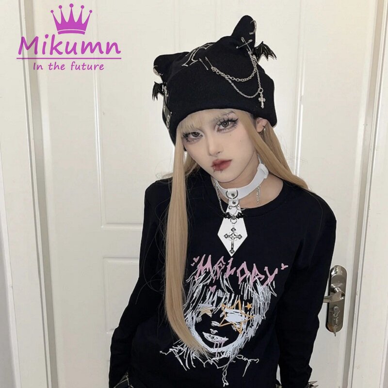 Mikumn-gorro gótico Grunge con orejas de gato y alas de murciélago para mujer, cadena cruzada de punto con gorro negro, estilo Harajuku y Punk, ropa de calle elegante y cálida para invierno