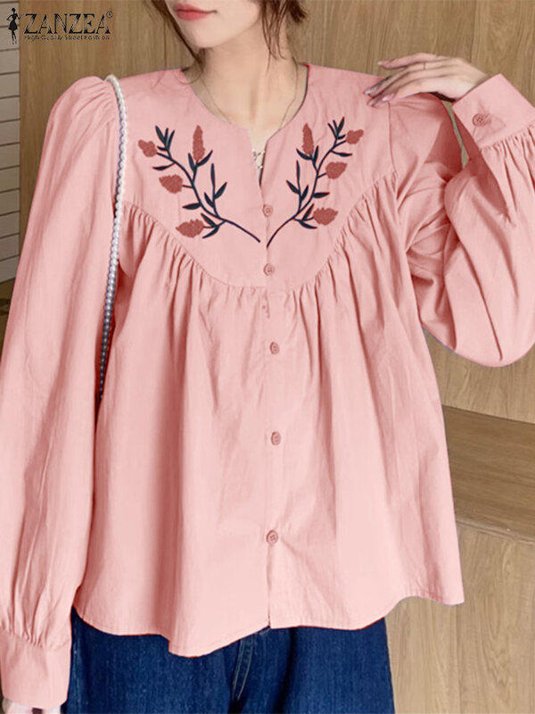 Винтажная рубашка ZANZEA с пышными длинными рукавами, Женская Ретро блузка с цветочной вышивкой, лето 2024, корейская мода, туника, элегантные офисные Топы
