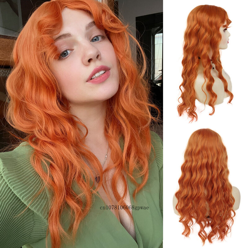 Orange Wigs for Women Synthetic Curly Hair Long Water Wave Wig with Bangs Korean Style Cosplay Costume Halloween Party Lolita