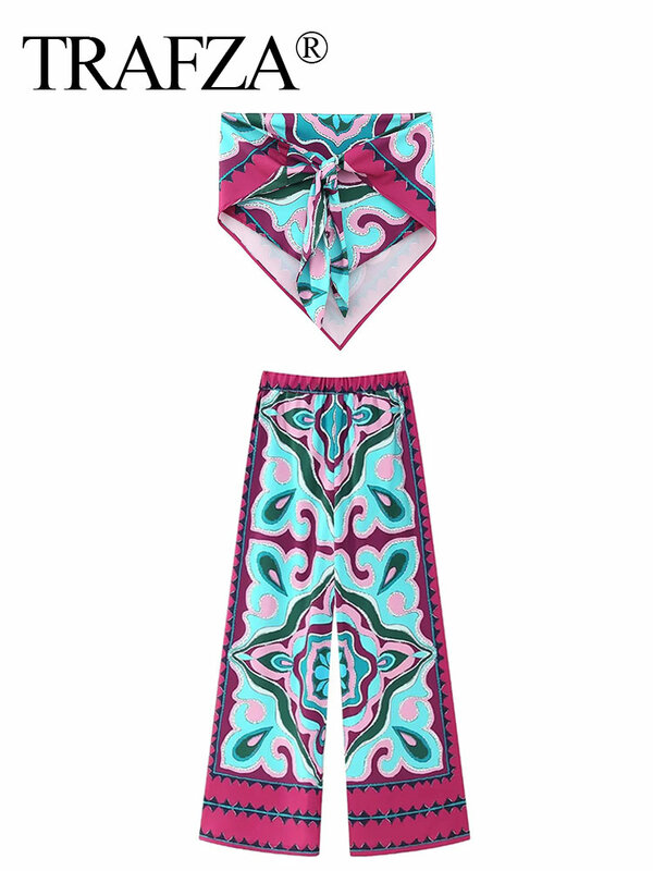 TRAFZA-Conjunto de Blusa con estampado para mujer, traje de pantalón largo recto con cordón, estilo informal, diadema, 2023