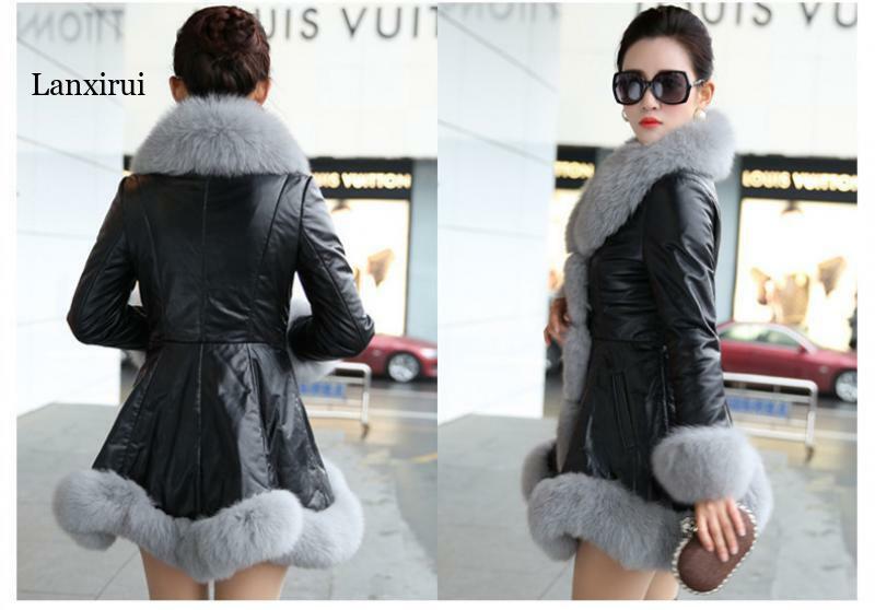 Women's Plus Size 6XL Faux Fur Large Fur Collar Thickened Warm Women's Fake Leather Mid-length Slim Fit Faux Fur Jacket