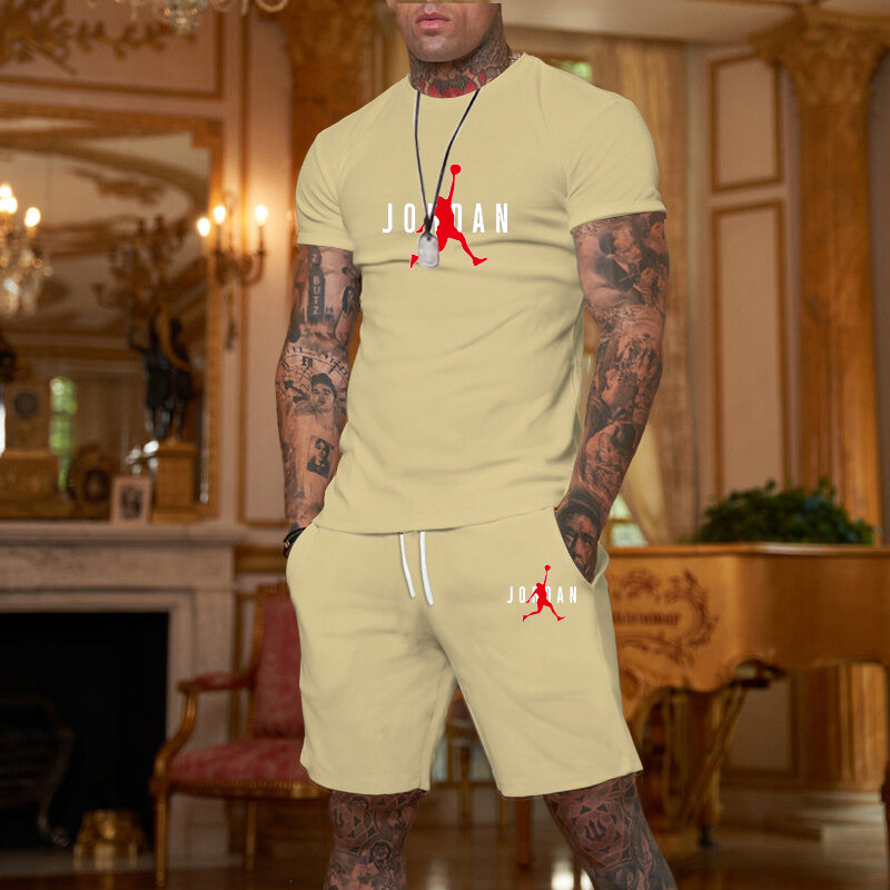 Setelan baju olahraga pria musim panas, setelan baju olahraga kasual pria ukuran besar kerah bulat 2 potong, kaus pantai motif 3D