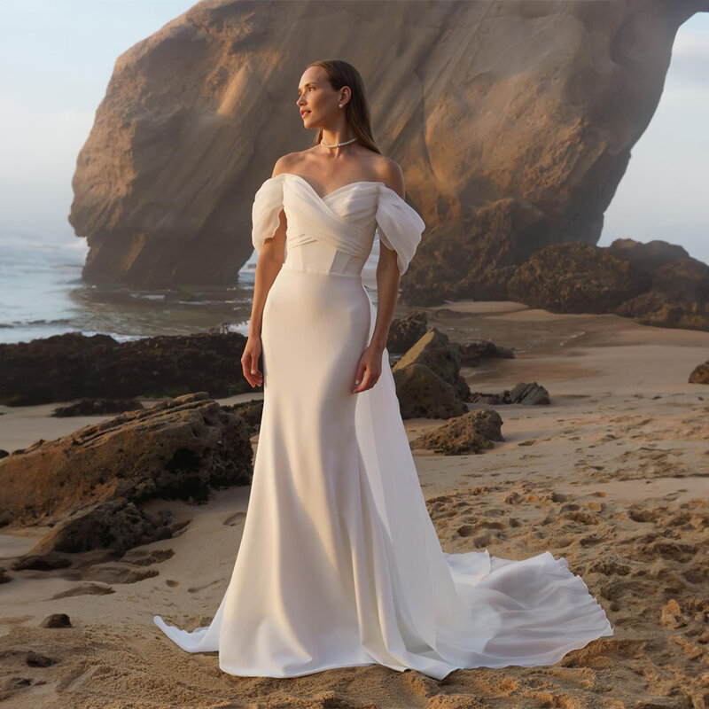 Sederhana dari bahu V-neck sifon gaun pernikahan untuk wanita A-line seksi putri duyung Court gaun pernikahan dengan Cape robe de marifee