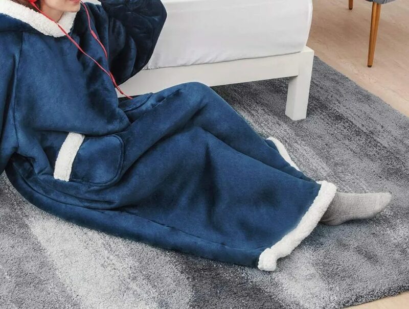 Sherpa Hood TV Wearable Blanket for Adult Women and Men Super Soft Comfy Warm Plush Throw with Sleeves Blanket Hoodie Cover