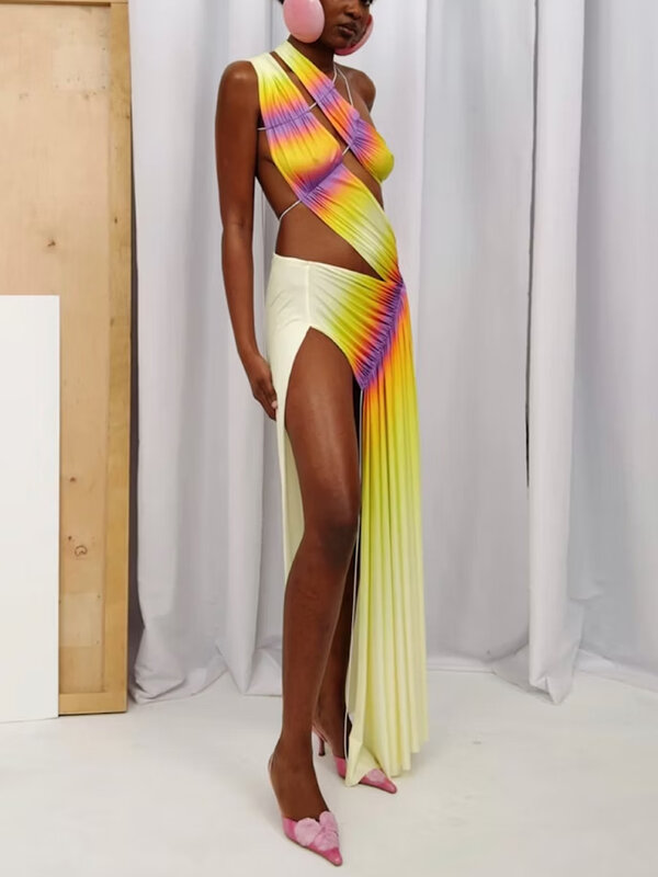 Lemon Yellow Smudge Gradual Change Beach Skirt Fashion Trend Shoulder Splicing Integrated Summer New Holiday Swimwear