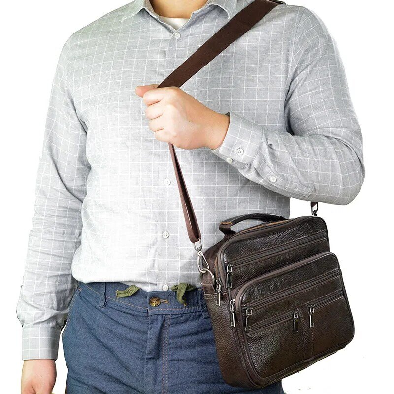 Мужская сумка на плечо из натуральной воловьей кожи, с молнией