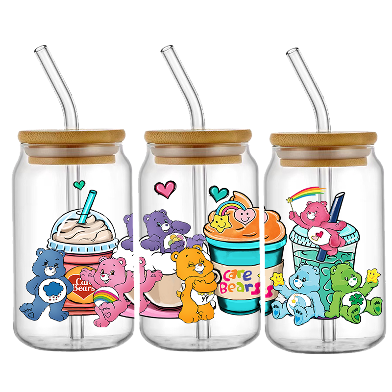 Envolturas de taza UV DTF de oso lindo de dibujos animados, pegatina de transferencia para botella de lata de liberbey de vidrio, autoadhesivo lavable, bricolaje personalizado, 16OZ