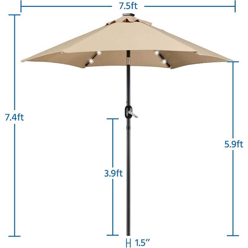 Sombrilla de Patio alimentada por energía Solar, paraguas de mesa de mercado con protección UV, sistema de elevación de manivela y inclinación con botón pulsador, 9 pies, 32 luces LED