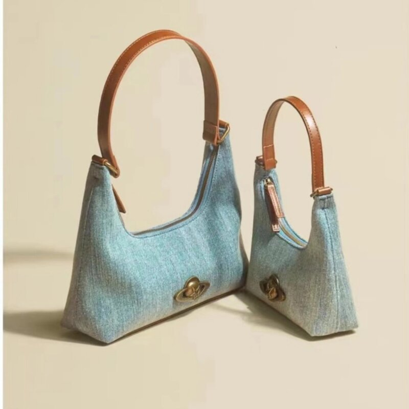 Retro Denim Shoulder Bags Y2k Solid Color Retro Denim Underarm Bags High Quality Tote Simple Street Vintage Handbags 손목가방 bolsa