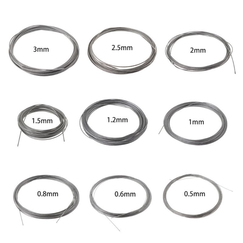 새로운 10m 304 스테인레스 스틸 와이어 로프 소프트 낚시 리프팅 케이블 7*7 빨랫줄 0.5mm/ 0.8mm/1mm/1.2mm/1.5mm/2mm/2.5mm/3mm