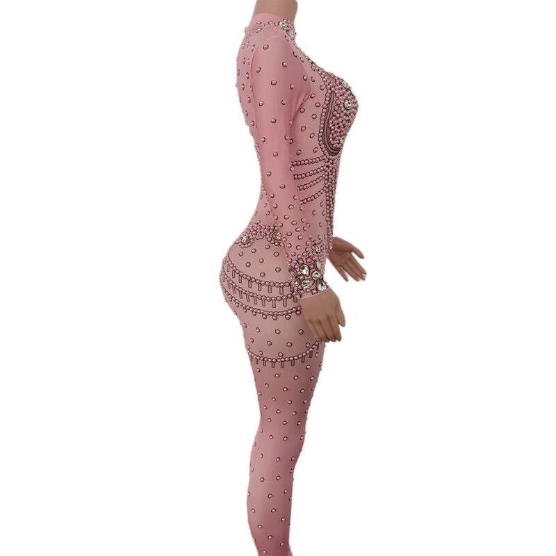 여성 나이트 클럽 파티 무대 착용 공연 의상 섹시한 무대 핑크 컬러 점프 슈트, 핑크 유리 스파클링 크리스탈 바디 슈트