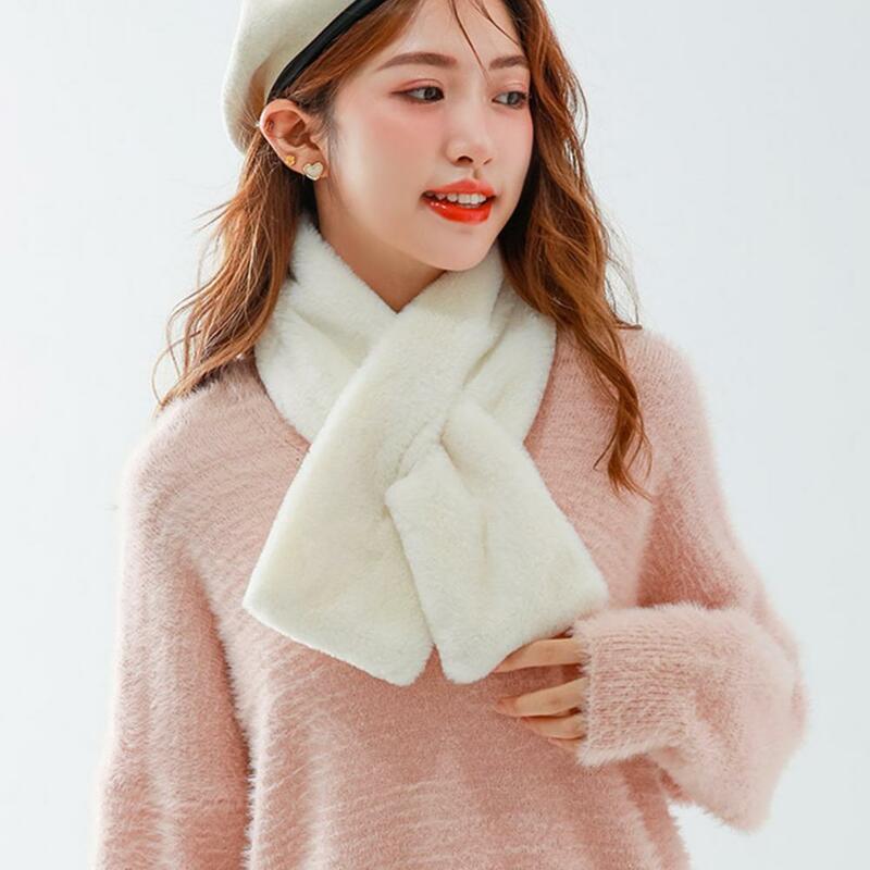 Women Winter Faux Rabbit Fur Cross Collar Neck Wrap Solid Color Warm Scarf Plush Elegant Shawl Scarf Clothes Accessories