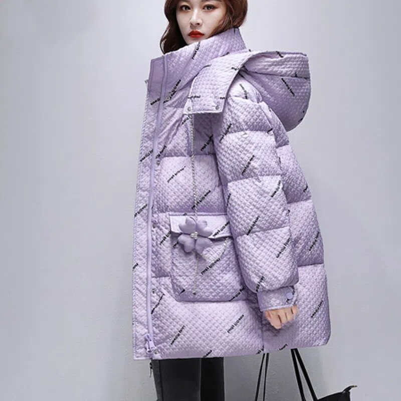 후드 프린트 자켓 루즈핏 면 코트 파카 아웃웨어 여성용, 두꺼운, 따뜻한, 패션, 캐주얼, 신제품, 겨울, 2022