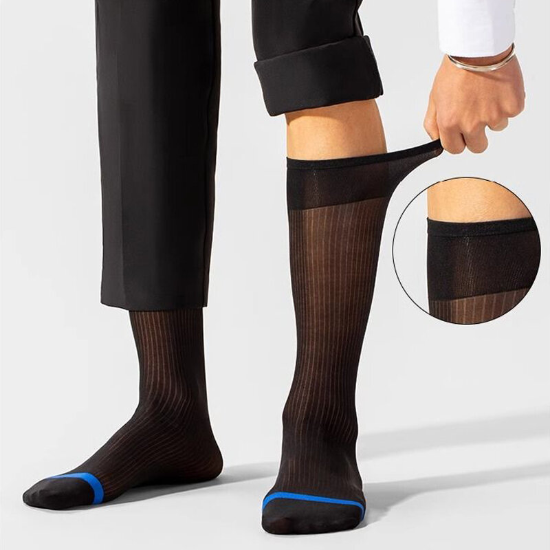 Man Short Silk Socks Business Thin Nylon Striped Breathable Soft Elastic Below Knee Calf Formal Wear Crew Socks Gentleman