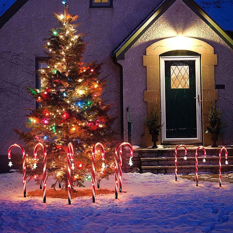 8pcs/set Candy Cane Star Lights Christmas Solar Powered Stake Lights Outdoor Pathway Marker Candy Cane Lamp Christmas Decoration