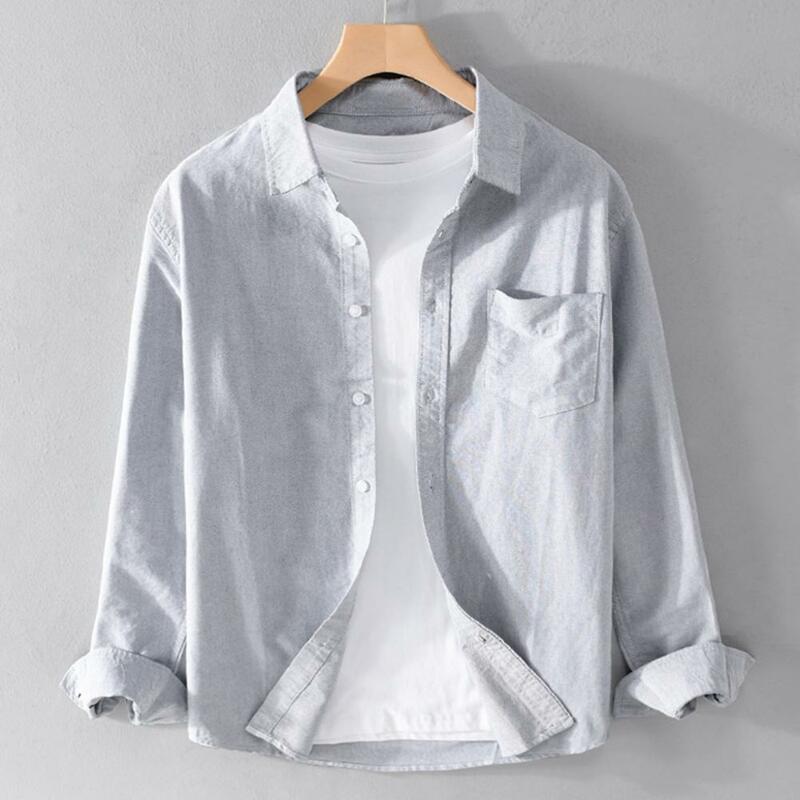 Casual Men Shirt Men's Single-breasted Solid Color Lapel Long Sleeve Shirt Formal Business Style Office Top with Soft for Fall