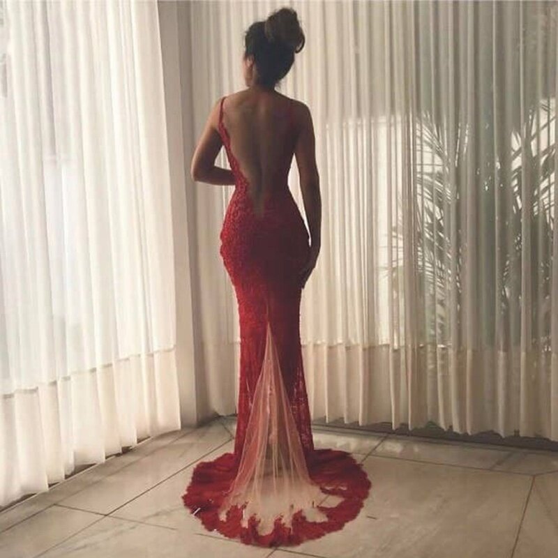Женское вечернее платье-русалка, длинное бордовое кружевное платье с открытой спиной и разрезом, с аппликацией, для выпускного вечера