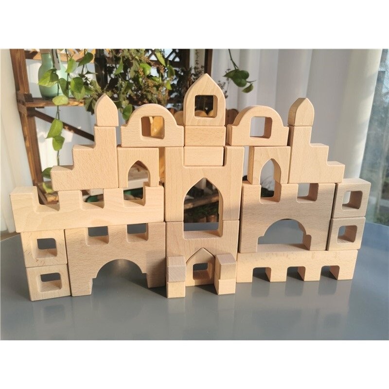 Holz Bausteine Set Stapeln Hüpfburg Spielzeug mit Transparent Würfel Regenbogen Hölzer Bäume Tiere Giraffe für Kinder