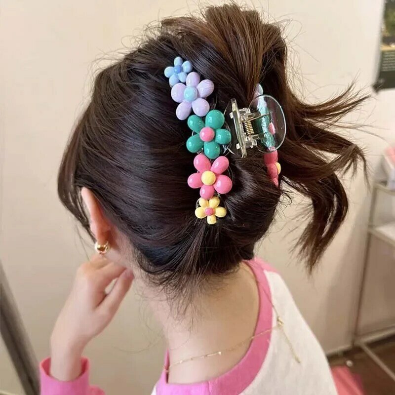 Korean Colorful Color Flower Cross Hair Clip for Women Cute Large Shark Clip Ponytail Barrette Crab Headwear Hair Accessories
