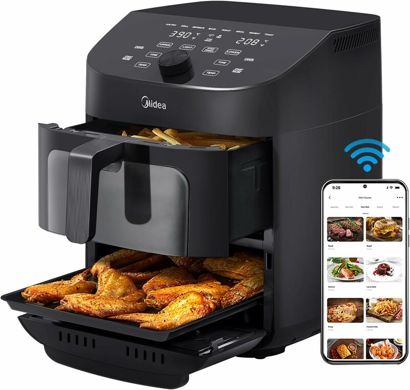 Midea Dual Basket Air Fryer Oven 11 Quart 8 in 1 Functions, Clear Window, Smart Sync Finish, Works with Alexa,Wi-Fi Connectivity