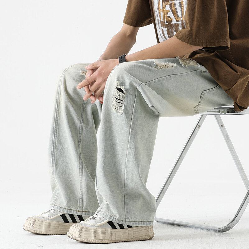 กางเกงขาตรงย้อนยุคทรงหลวมสำหรับผู้ชายกางเกงแฟชั่นเข้าได้กับทุกชุดกางเกงยีนส์แต่งลายขาดๆฤดูร้อน