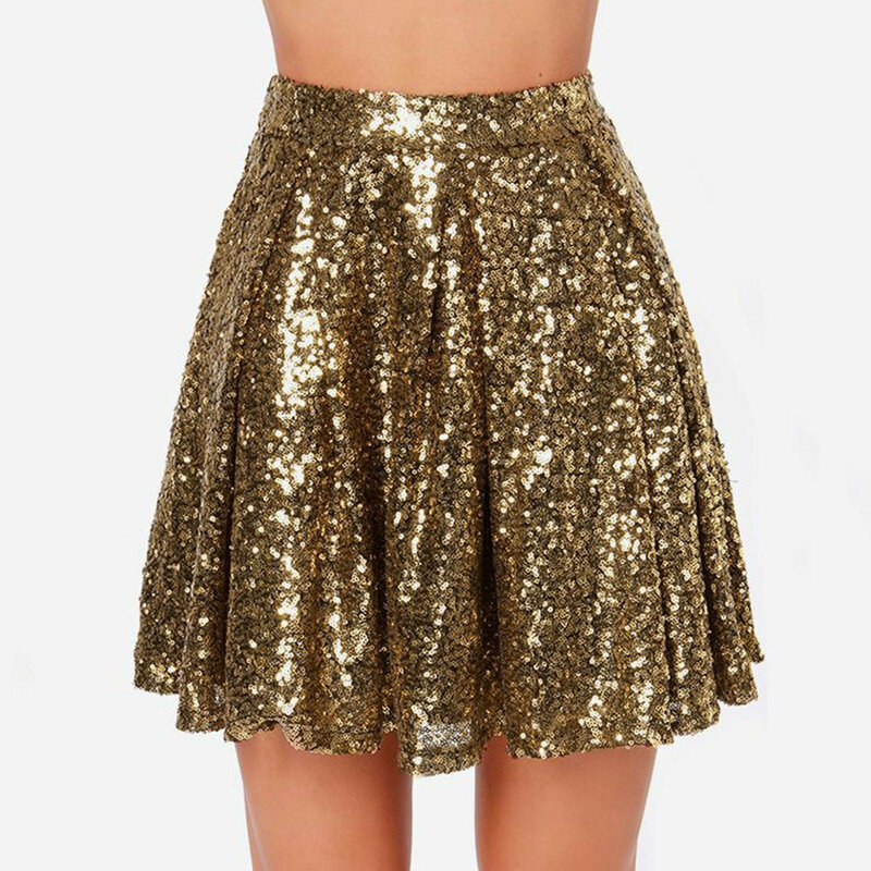 Женская модная повседневная юбка, плиссированная Однотонная юбка с высокой талией, свободная короткая пикантная юбка с золотыми блестками средней длины для женщин