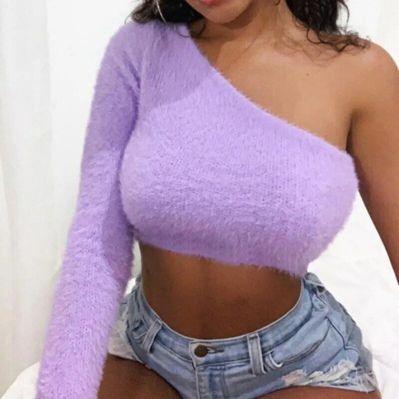 Suéter de un hombro para mujer, camiseta asimétrica púrpura, Top corto informal de manga larga, camisetas sexys