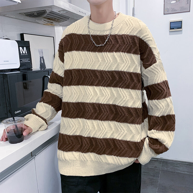 Crew neck sweater Men's autumn and winter loose wind stripe contrast color sweater sweater