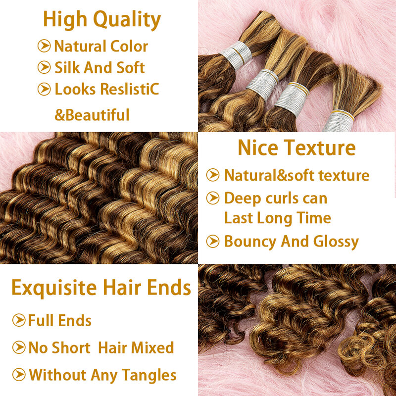 Deep Wave Bulk Cabelo Humano para Trançar, Curly Virgin Hair Extensions, Boho Tranças, Sem Trama, 4 Cores, 27 Cores, 28 em