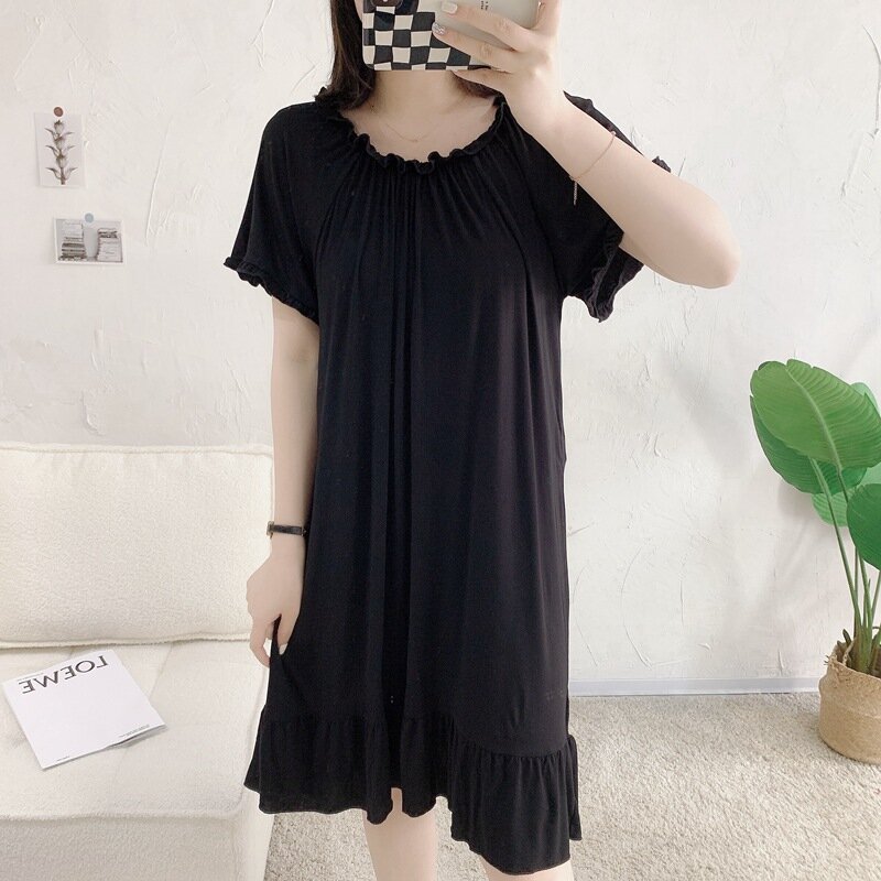 Modal Nightdress Women's Summer Nightgowns New Large Size Round Neck Pleated Ladies Nightshirt Loose Short Sleeve Long Dress