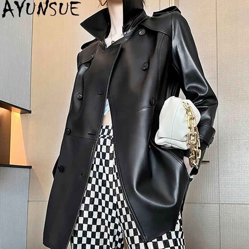 AYUNSUE Sheepskin Coat Women's Winter Fashion Double-Breasted Belt Waist Closing Medium Length Genuine Leather Jacket Trench