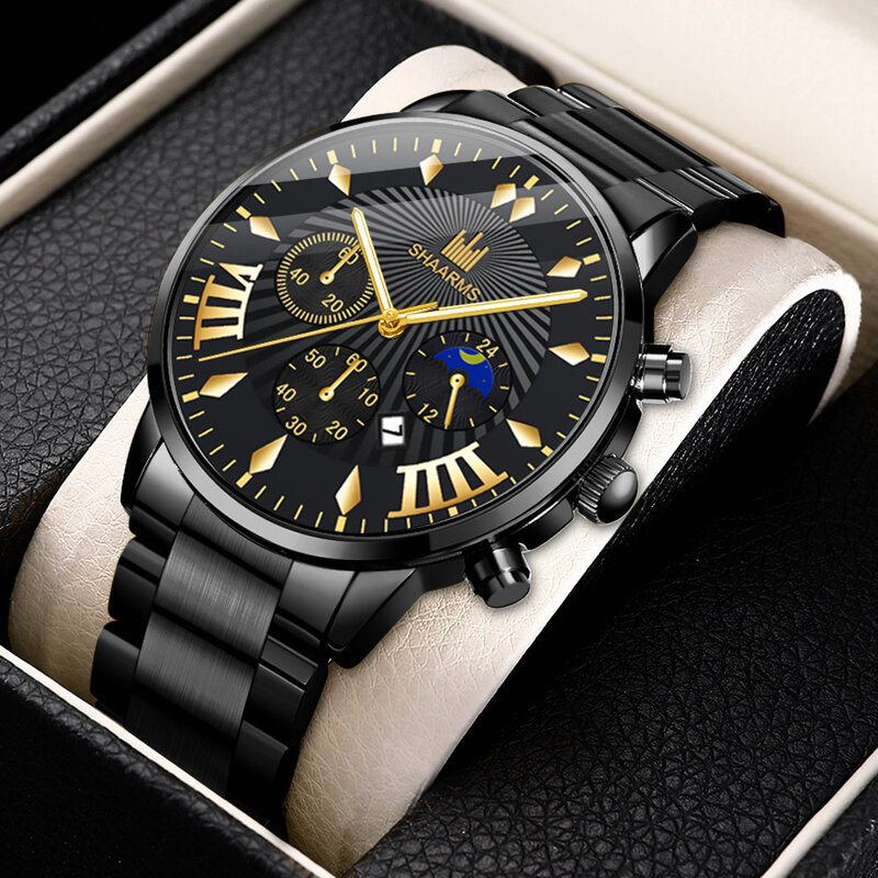 남성용 럭셔리 스테인레스 스틸 달력 시계, 비즈니스 캐주얼 쿼츠 밀리터리 손목시계