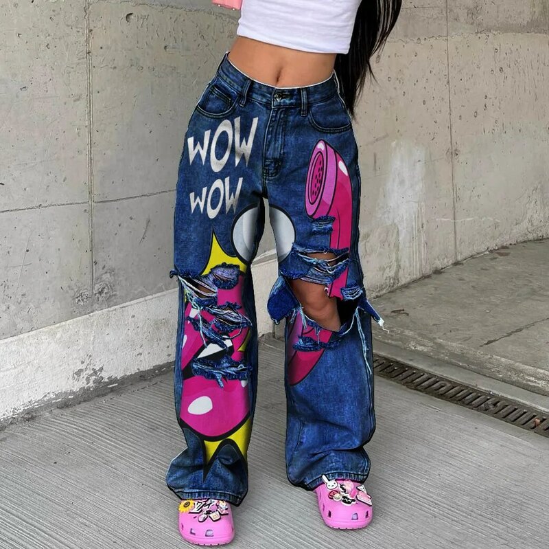 Calça larga desfiada rasgada de cintura alta feminina, jeans comprido estampado, novo estilo de rua, moda feminina, primavera 2022