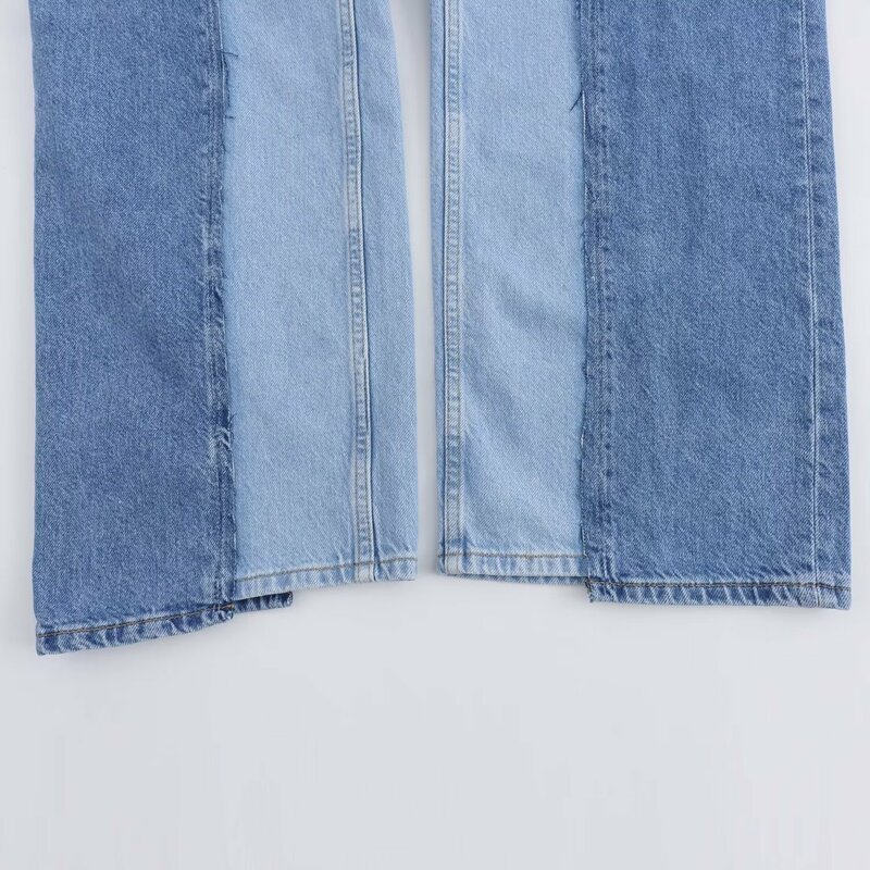 Jeans retrô de cintura alta feminina com zíper, coringa casual, design de patchwork, calça jeans chique, nova moda, 2024
