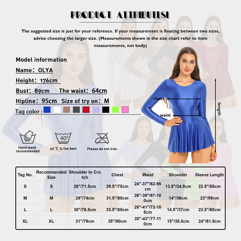 Womens Solid Color Glossy Long Sleeve Ruffled Dress Round Neck Leotard Dresses Sports Dance Swimming Ballet Dress