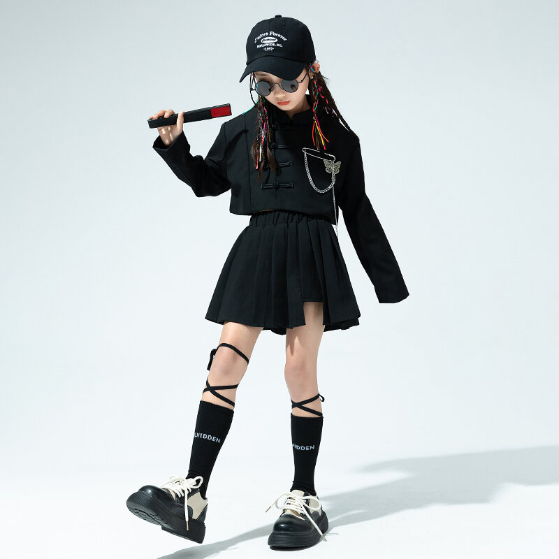 Kids Teenage Punk Hip Hop Clothing Black Shirt Crop Tops Casual Cargo Pants Mini Skirt For Girl Jazz Dance Costume Show Clothes